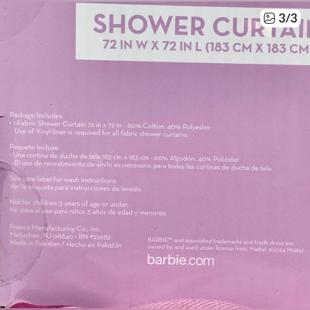 NWT BARBIE Fabric Shower Curtain Pink,  Beach Barbie 1959 Hard To Find Tik Tok - Picture 4 of 4